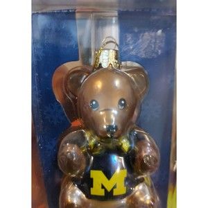 Michigan Wolverines TEDDY BEAR Blown Glass Ornament, NEW